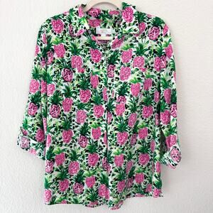 Charter Club Luxury Womens Button Shirt Size L Top Linen Cotton Pineapple Summer